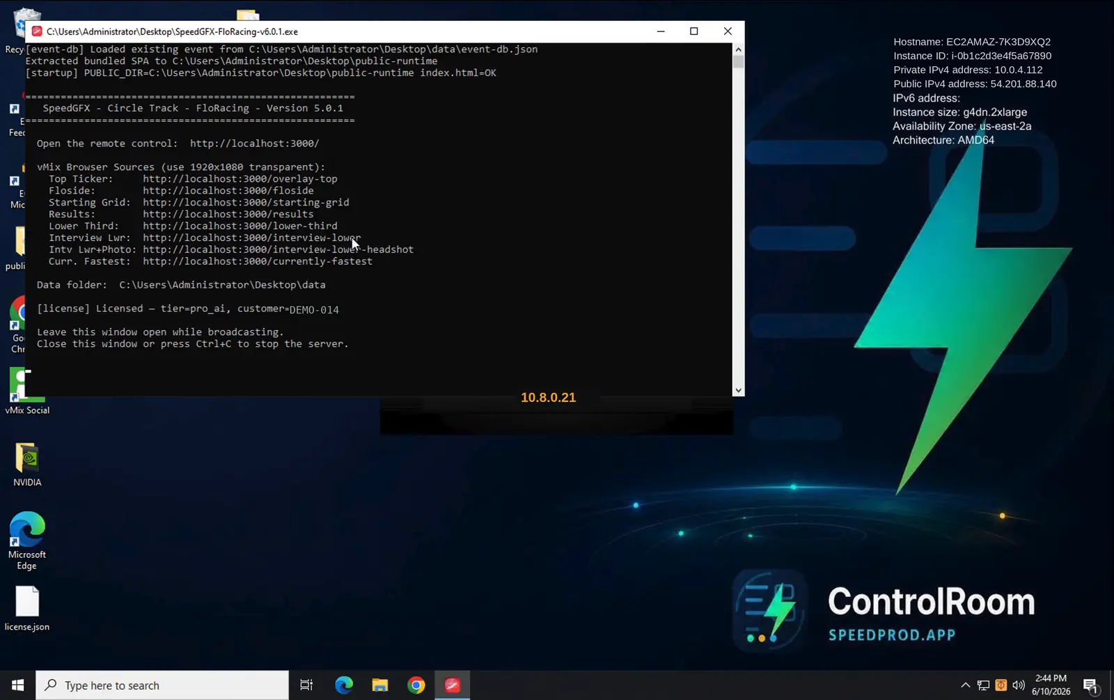 SpeedGFX server console running on a SpeedProd Cloud Windows EC2 instance, with the instance ID, public IP, g4dn.2xlarge type and Availability Zone shown on the desktop.