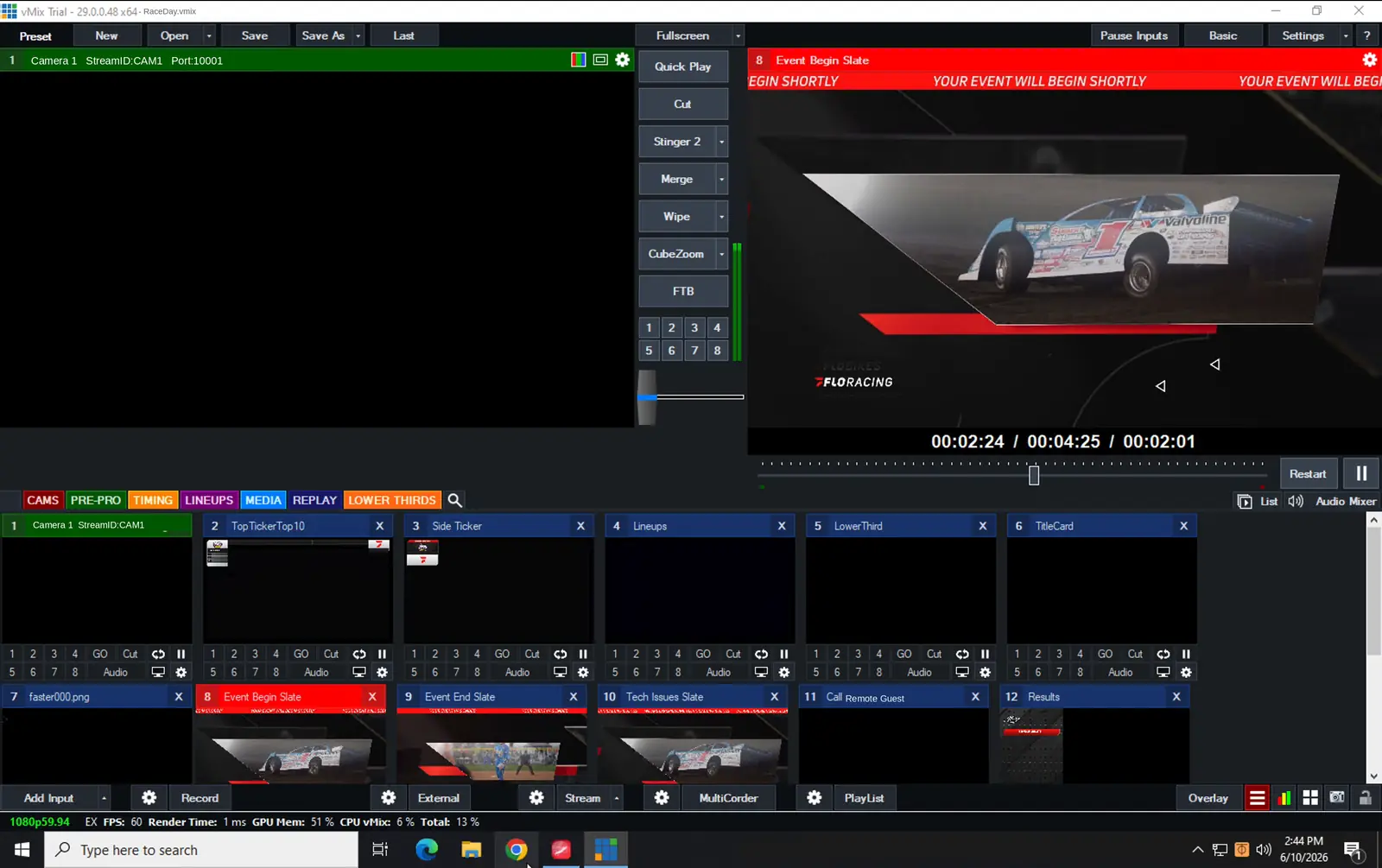 vMix running on the cloud box with SpeedGFX overlays on the program output and a row of named browser-source inputs: Top Ticker, Side Ticker, Lineups, Lower Third, Title Card, Results and event slates.
