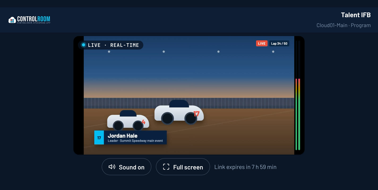 A ControlRoom return-feed link open on a phone in landscape: the program playing live and marked REAL-TIME, with audio level meters, Sound on and Full screen buttons, and the link's expiry time.